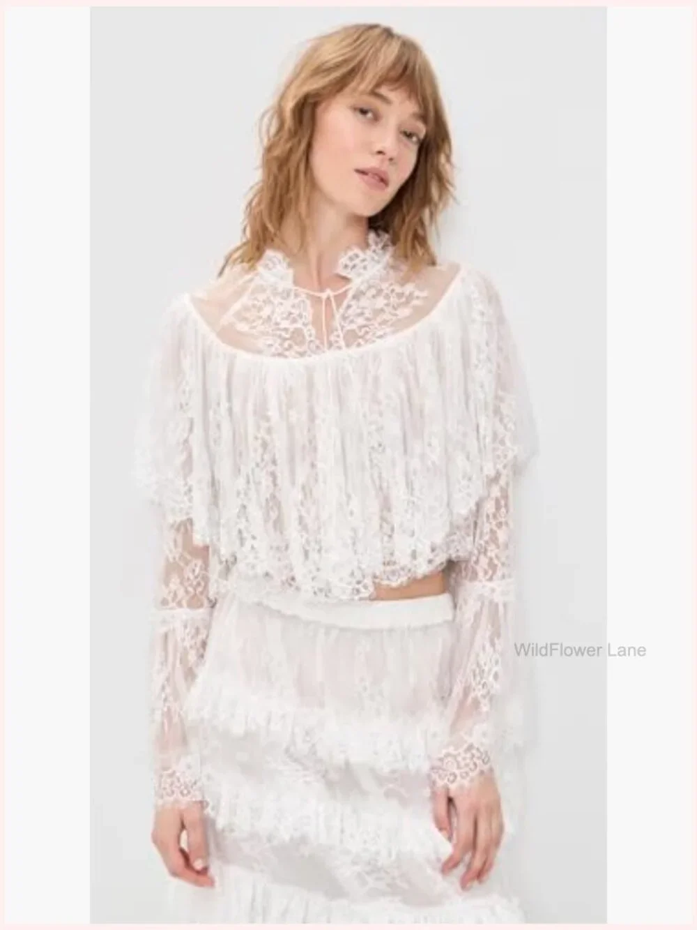 Scallop Trim Floral Lace Mock Neck Blouse - Picture 2 of 6